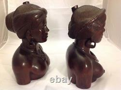 Vintage Hand Carved Ebony Wood Tribal SHAMAN & SHAMANESS Busts FOLK ART EUC