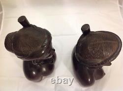 Vintage Hand Carved Ebony Wood Tribal SHAMAN & SHAMANESS Busts FOLK ART EUC