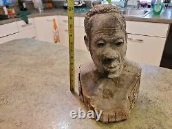 Vintage Hand Carved Folk Art Detailed Man Head Bust Wood Tree 12 Tall 13.5 lbs