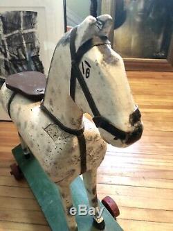Vintage Hand Carved Folk Art Horse on Wheels Original Paint