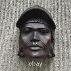 Vintage Hand Carved Folk Art Male With Helmet & Earrings