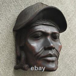 Vintage Hand Carved Folk Art Male With Helmet & Earrings