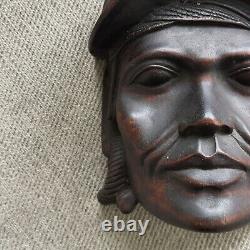 Vintage Hand Carved Folk Art Male With Helmet & Earrings
