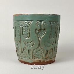 Vintage Hand Carved Folk Art Teal Glazed Ceramic Vase with Birds (c. 1960)