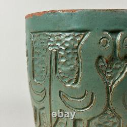 Vintage Hand Carved Folk Art Teal Glazed Ceramic Vase with Birds (c. 1960)