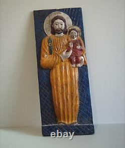 Vintage Hand Carved Folk Art Wood Carved Religious Panel Santos Jesus