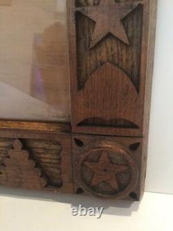 Vintage Hand Carved Folk Art Wood Picture Frame 8 x 10 Stars Shields Cannons