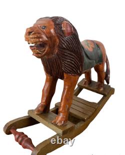 Vintage Hand Carved Folk Art Wooden Rocking Lion 13x 9
