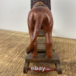 Vintage Hand Carved Folk Art Wooden Rocking Lion 13x 9