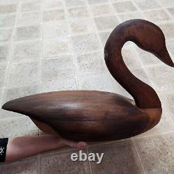 Vintage Hand Carved Goose Folk Art Swan Stained Wooden Signed by Artist ROUX