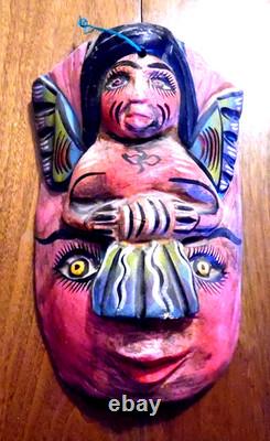 Vintage Hand Carved & Hand Painted Guerrero Mexico Nahua Wood Folk Art Mask