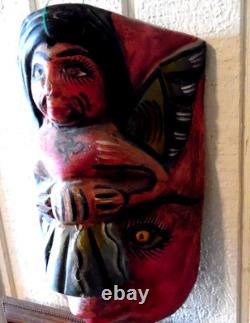 Vintage Hand Carved & Hand Painted Guerrero Mexico Nahua Wood Folk Art Mask