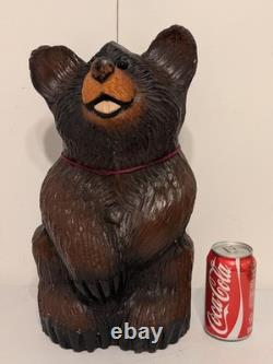 Vintage Hand Carved Happy Black Bear Wood Sculpture Rustic Folk Art Statue 16