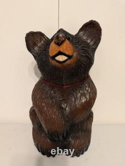 Vintage Hand Carved Happy Black Bear Wood Sculpture Rustic Folk Art Statue 16