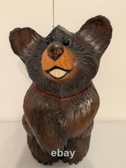 Vintage Hand Carved Happy Black Bear Wood Sculpture Rustic Folk Art Statue 16