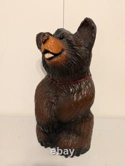 Vintage Hand Carved Happy Black Bear Wood Sculpture Rustic Folk Art Statue 16
