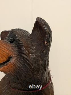Vintage Hand Carved Happy Black Bear Wood Sculpture Rustic Folk Art Statue 16