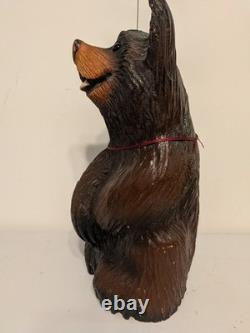 Vintage Hand Carved Happy Black Bear Wood Sculpture Rustic Folk Art Statue 16