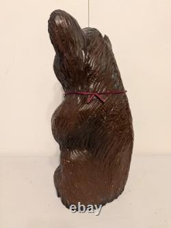 Vintage Hand Carved Happy Black Bear Wood Sculpture Rustic Folk Art Statue 16