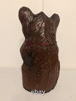 Vintage Hand Carved Happy Black Bear Wood Sculpture Rustic Folk Art Statue 16