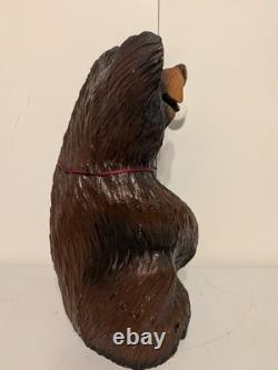 Vintage Hand Carved Happy Black Bear Wood Sculpture Rustic Folk Art Statue 16