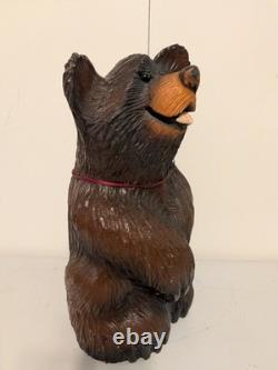 Vintage Hand Carved Happy Black Bear Wood Sculpture Rustic Folk Art Statue 16