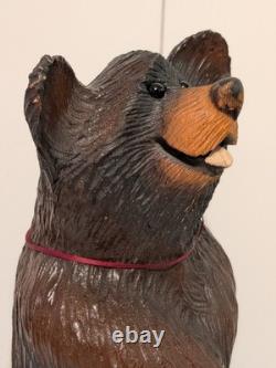 Vintage Hand Carved Happy Black Bear Wood Sculpture Rustic Folk Art Statue 16