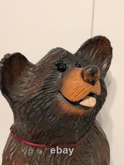 Vintage Hand Carved Happy Black Bear Wood Sculpture Rustic Folk Art Statue 16