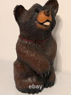 Vintage Hand Carved Happy Black Bear Wood Sculpture Rustic Folk Art Statue 16