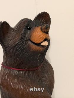 Vintage Hand Carved Happy Black Bear Wood Sculpture Rustic Folk Art Statue 16