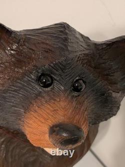 Vintage Hand Carved Happy Black Bear Wood Sculpture Rustic Folk Art Statue 16