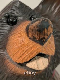 Vintage Hand Carved Happy Black Bear Wood Sculpture Rustic Folk Art Statue 16