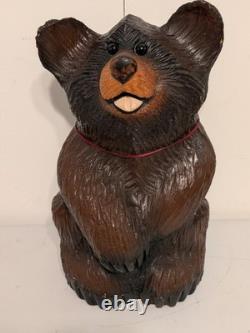 Vintage Hand Carved Happy Black Bear Wood Sculpture Rustic Folk Art Statue 16