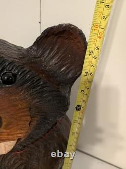 Vintage Hand Carved Happy Black Bear Wood Sculpture Rustic Folk Art Statue 16