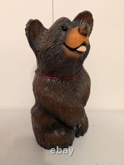 Vintage Hand Carved Happy Black Bear Wood Sculpture Rustic Folk Art Statue 16