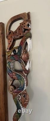 Vintage Hand-Carved Mayan Scepter Staff Signed Folk Art Walking Stick 27x7