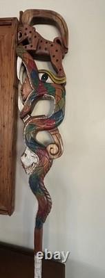 Vintage Hand-Carved Mayan Scepter Staff Signed Folk Art Walking Stick 27x7