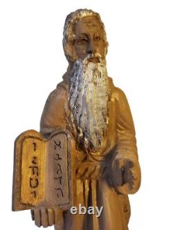 Vintage Hand Carved Moses Statue Wood Judaica Religious Folk Art Hebrew
