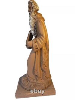 Vintage Hand Carved Moses Statue Wood Judaica Religious Folk Art Hebrew