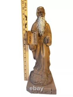 Vintage Hand Carved Moses Statue Wood Judaica Religious Folk Art Hebrew