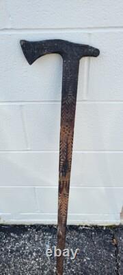 Vintage Hand-Carved Native American Tomahawk Eagle Cane Folk Art Walking Stick