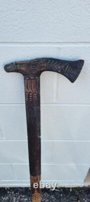 Vintage Hand-Carved Native American Tomahawk Eagle Cane Folk Art Walking Stick
