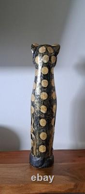 Vintage Hand Carved Painted Wood Folk Art Totem Cat Leopard Statue 20 Tall