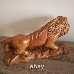 Vintage Hand Carved Solid Wood Lion 1977 Folk Art Figurine Sculpture 15×6×8