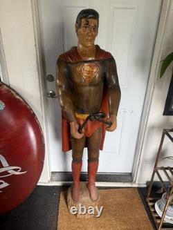 Vintage Hand Carved Superman Statue One of a Kind Solid Wood Folk Art Piece