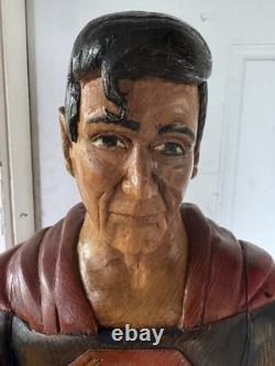Vintage Hand Carved Superman Statue One of a Kind Solid Wood Folk Art Piece