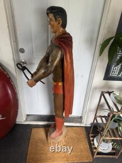 Vintage Hand Carved Superman Statue One of a Kind Solid Wood Folk Art Piece