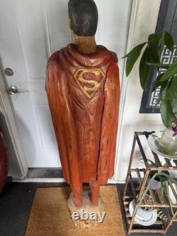 Vintage Hand Carved Superman Statue One of a Kind Solid Wood Folk Art Piece