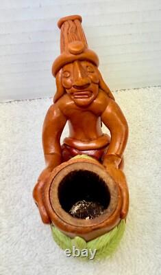 Vintage Hand-Carved Tribal Pipe Wooden Figurine with Pot & Leaves Folk Art Dec