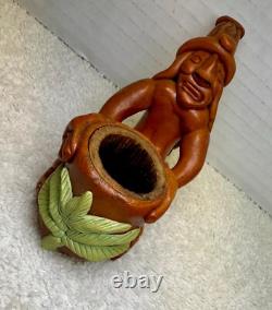 Vintage Hand-Carved Tribal Pipe Wooden Figurine with Pot & Leaves Folk Art Dec